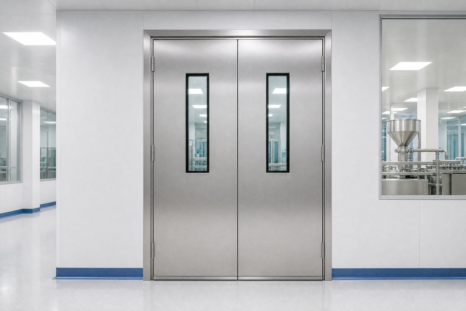 Double-leaf stainless-steel cleanroom swing door